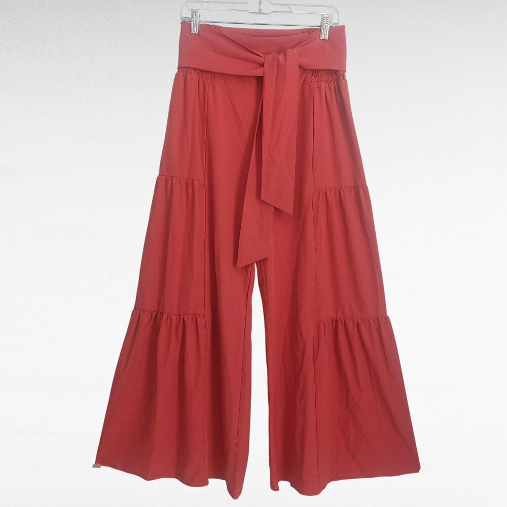 HALARA Pants High Rise Wide Leg M Orange Tiered Belted NWT Vacation Resort - Picture 5 of 11